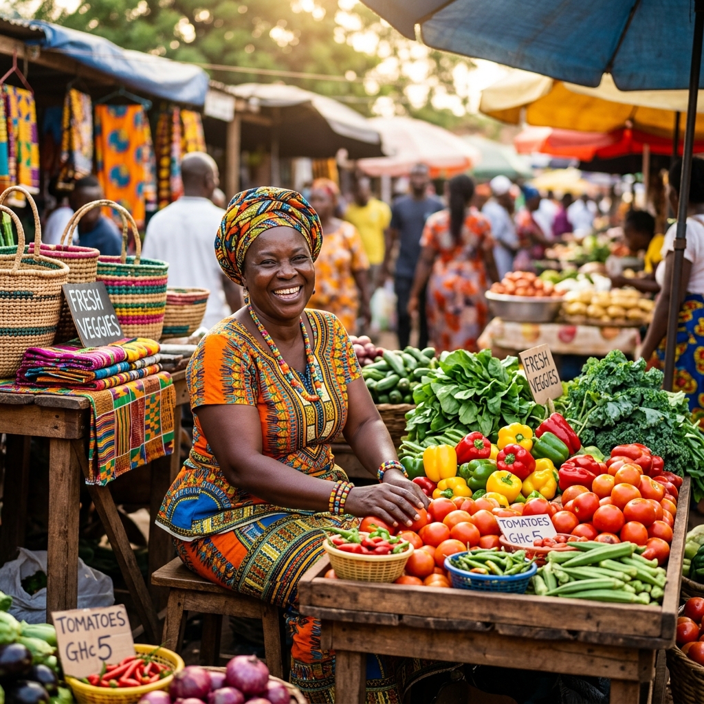 Femme commerçante africaine assise au marché vendant des légumes