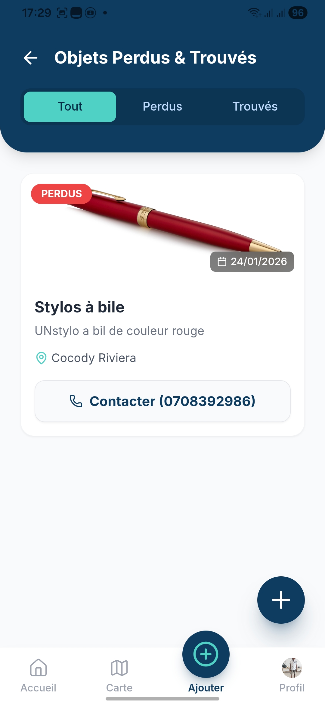 Écran Objets Perdus/Trouvés